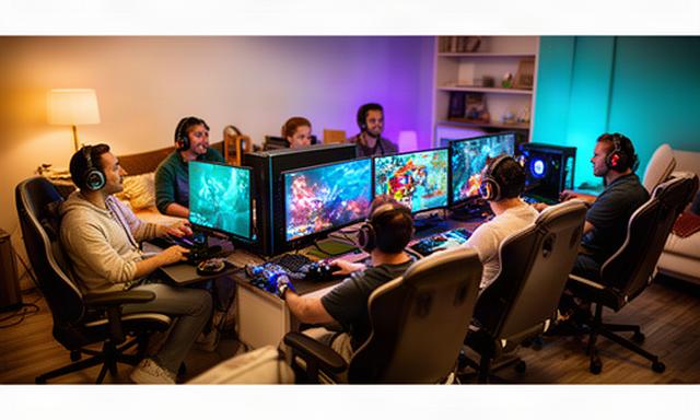 Players at desktop computers in a warmly lit gaming room, with a multiplayer match visible on their screens