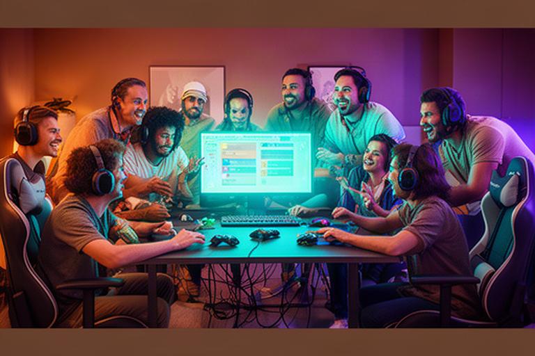 Players gathered around a computer gaming setup with a multiplayer lobby and chat visible on the monitor