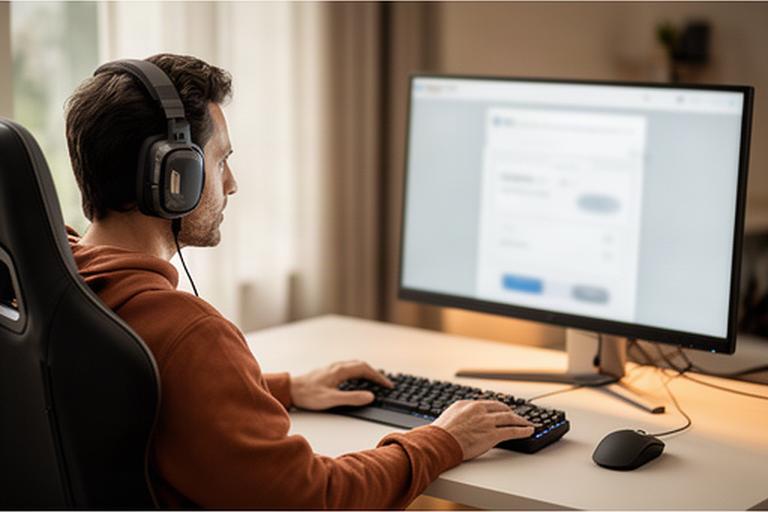 Player reviewing an online game platform at a desk with a headset, keyboard, and account settings visible on screen